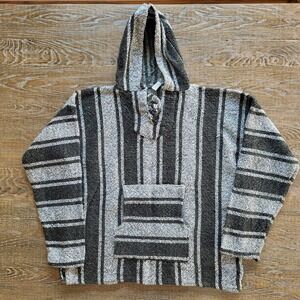La Malinche Baja Hoodie Mens XL Grey White Striped Mexican Poncho Pullover XL